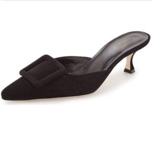 XYD Black Pointy Toe Kitten Heel Mules